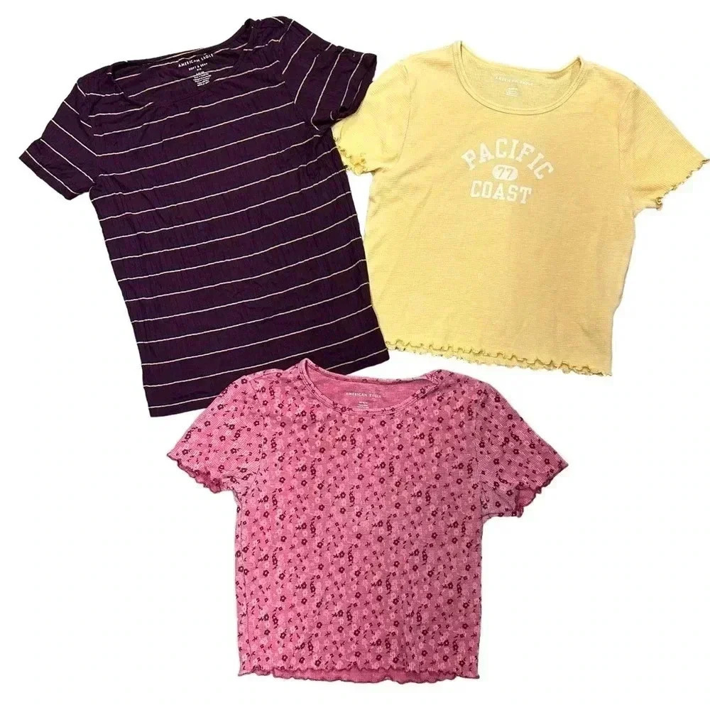 (LOT OF 3) American Eagle Women’s Medium Short Sleeve Tops EUC Crop Yellow Pink‎